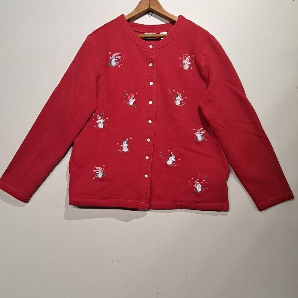 Classic Elements Vintage Red Christmas Snowman Snap Cardigan Sweater Sz: XL